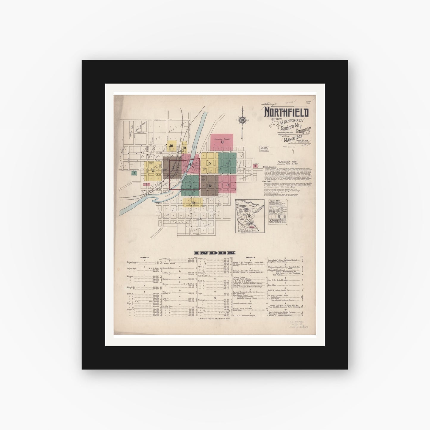 Old map wall art mockup — black gallery frame with white mat — Sanborn Fire Insurance Map from Northfield, Rice County, Minnesota (1922), Sheet #0001