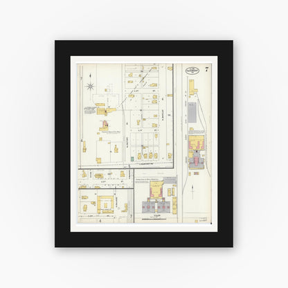 Old map wall art mockup — black gallery frame with white mat — Sanborn Fire Insurance Map from Fairmount, Grant County, Indiana (1902), Sheet #0007