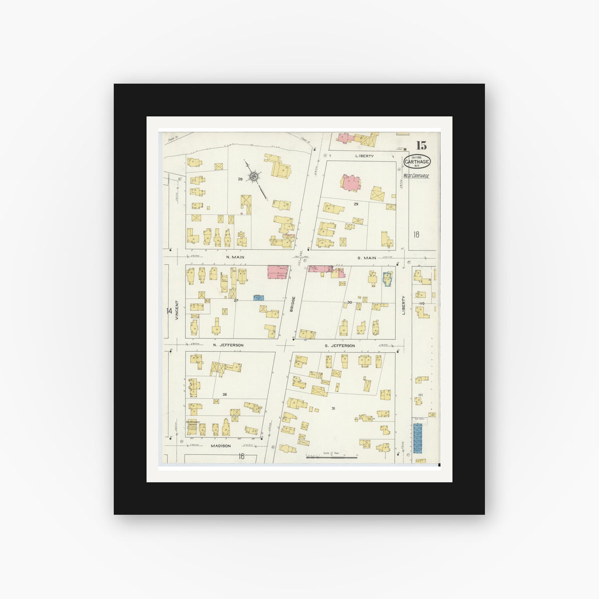 Old map wall art mockup — black gallery frame with white mat — Sanborn Fire Insurance Map from Carthage, Jefferson County, New York (1915), Sheet #0015