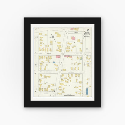 Old map wall art mockup — black gallery frame with white mat — Sanborn Fire Insurance Map from Carthage, Jefferson County, New York (1915), Sheet #0015