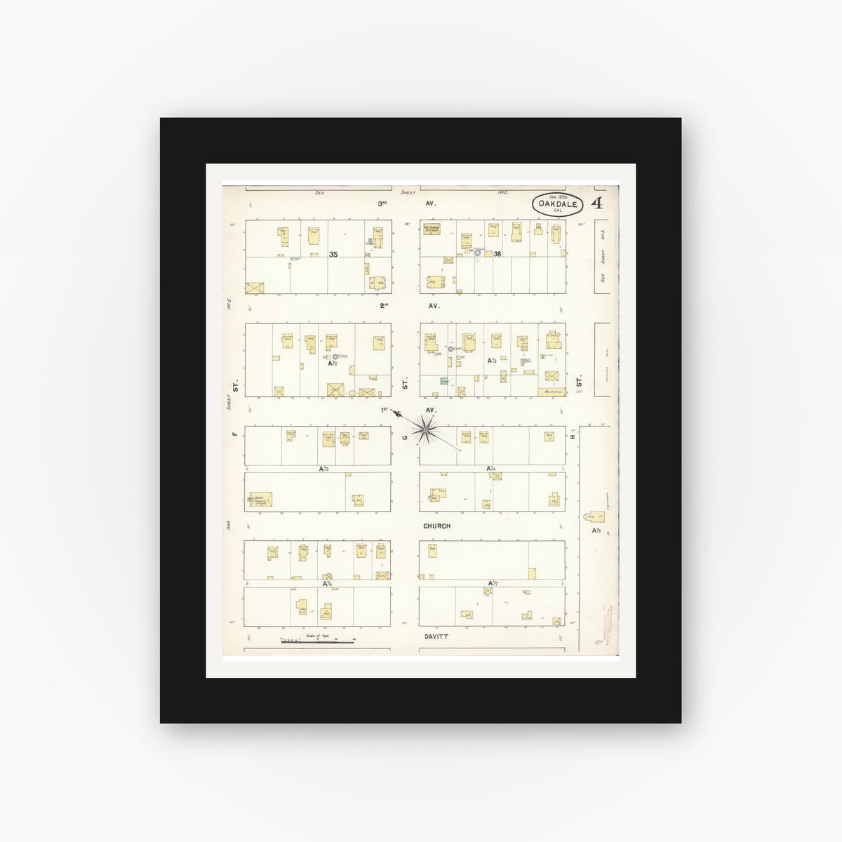 Old map wall art mockup — black gallery frame with white mat — Sanborn Fire Insurance Map from Oakdale, Stanislaus County, California (1890), Sheet #0004