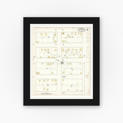 Old map wall art mockup — black gallery frame with white mat — Sanborn Fire Insurance Map from Oakdale, Stanislaus County, California (1890), Sheet #0004