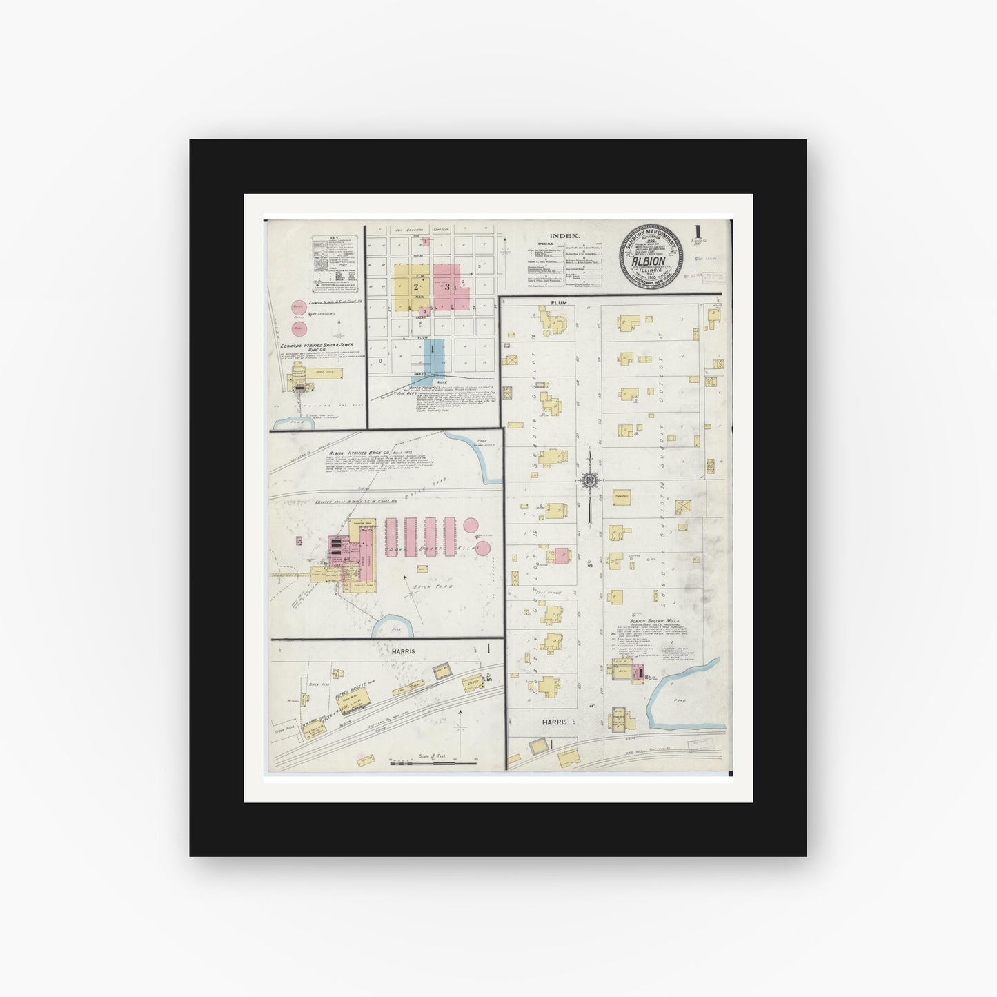 Old map wall art mockup — black gallery frame with white mat — Sanborn Fire Insurance Map from Albion, Edwards County, Illinois (1910) - Complete Map Set