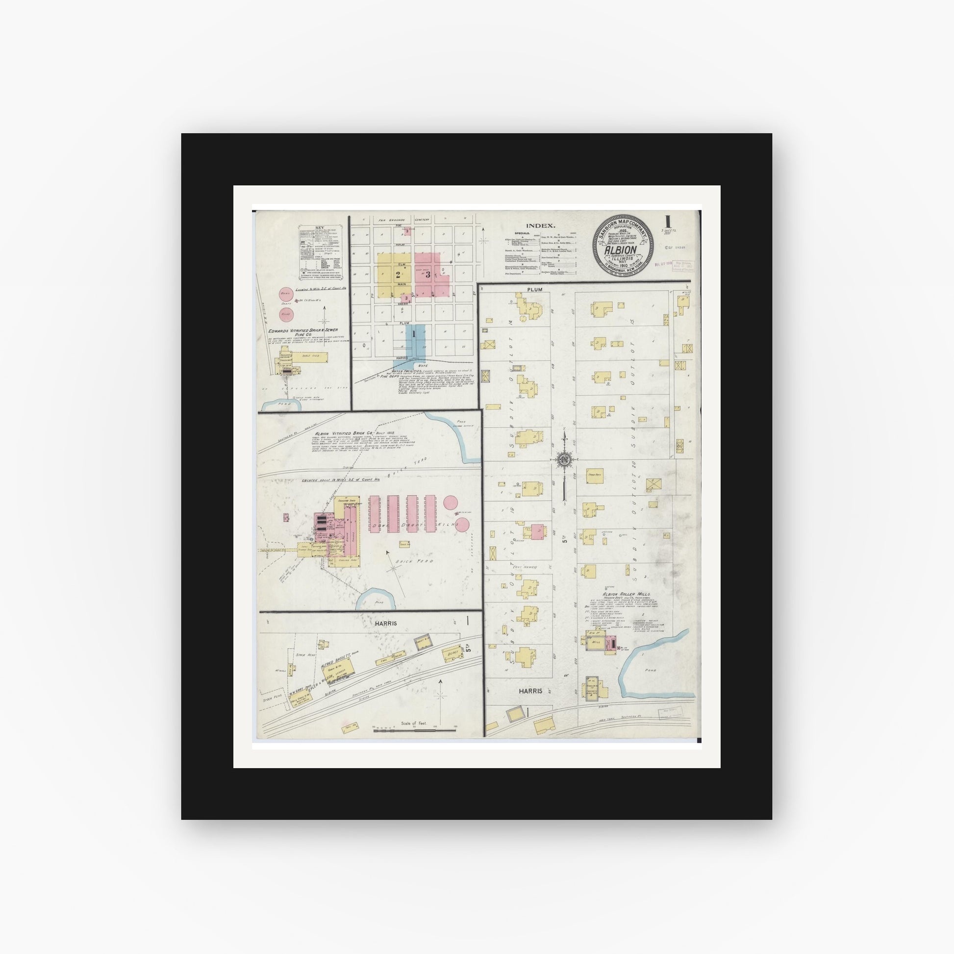 Old map wall art mockup — black gallery frame with white mat — Sanborn Fire Insurance Map from Albion, Edwards County, Illinois (1910) - Complete Map Set