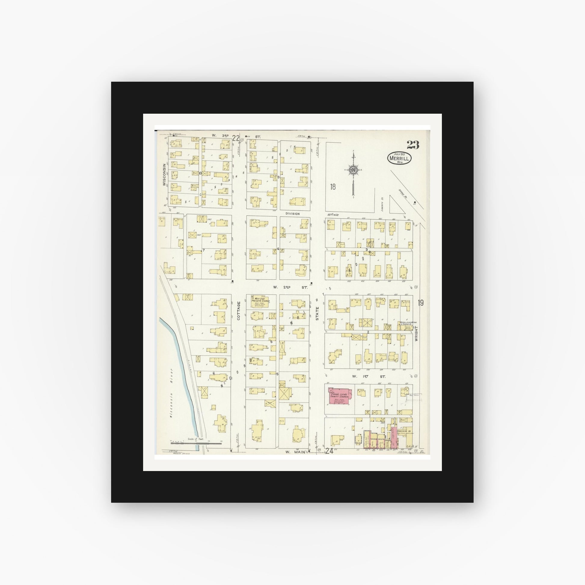 Old map wall art mockup — black gallery frame with white mat — Sanborn Fire Insurance Map from Merrill, Lincoln County, Wisconsin (1913), Sheet #0023