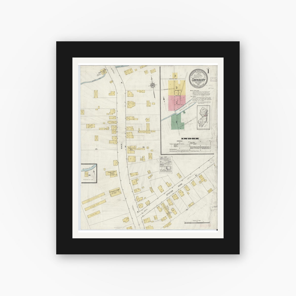 Old map wall art mockup — black gallery frame with white mat — Sanborn Fire Insurance Map from Cranbury, Middlesex County, New Jersey (1916) - Complete Map Set