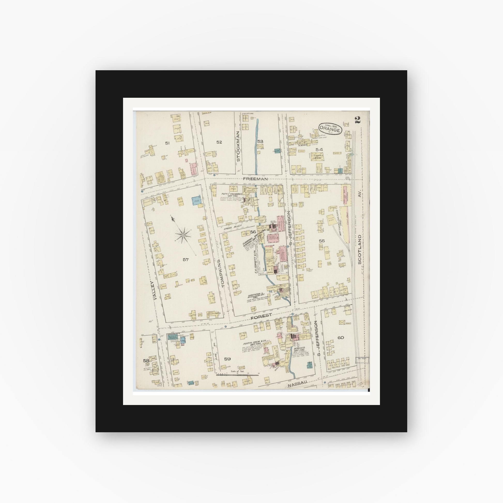 Old map wall art mockup — black gallery frame with white mat — Sanborn Fire Insurance Map from Orange, Essex County, New Jersey (1885), Sheet #0002