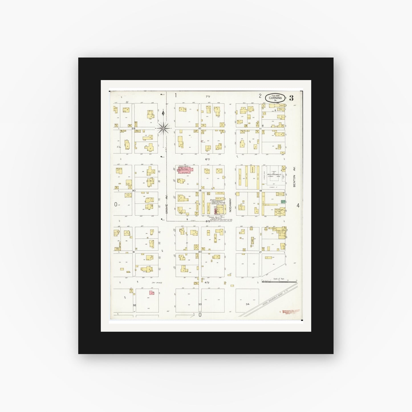 Old map wall art mockup — black gallery frame with white mat — Sanborn Fire Insurance Map from Corning, Adams County, Iowa (1899), Sheet #0003