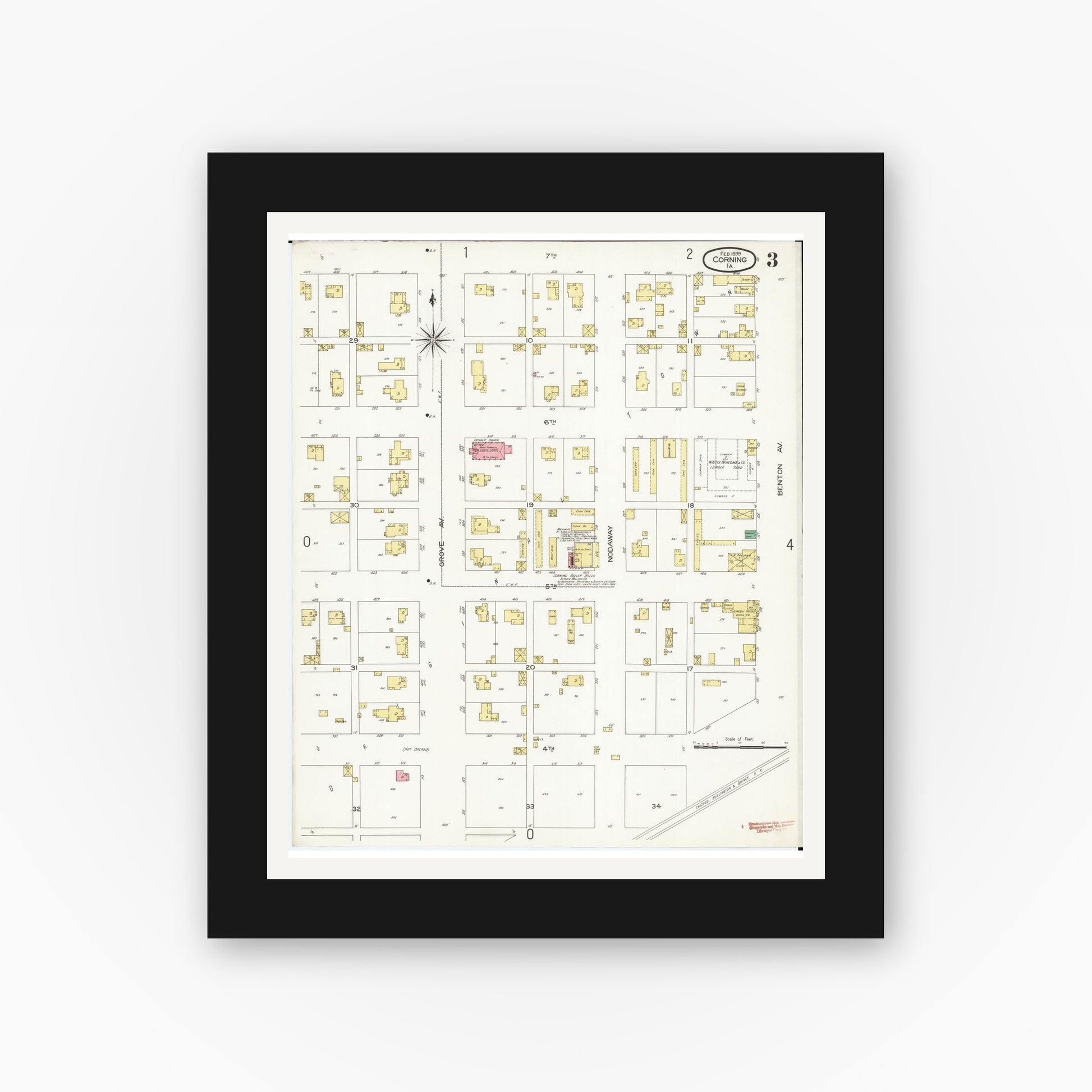 Old map wall art mockup — black gallery frame with white mat — Sanborn Fire Insurance Map from Corning, Adams County, Iowa (1899), Sheet #0003