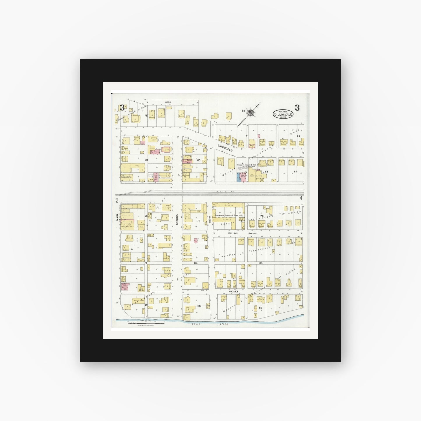 Old map wall art mockup — black gallery frame with white mat — Sanborn Fire Insurance Map from Dillonvale, Jefferson County, Ohio (1924), Sheet #0003