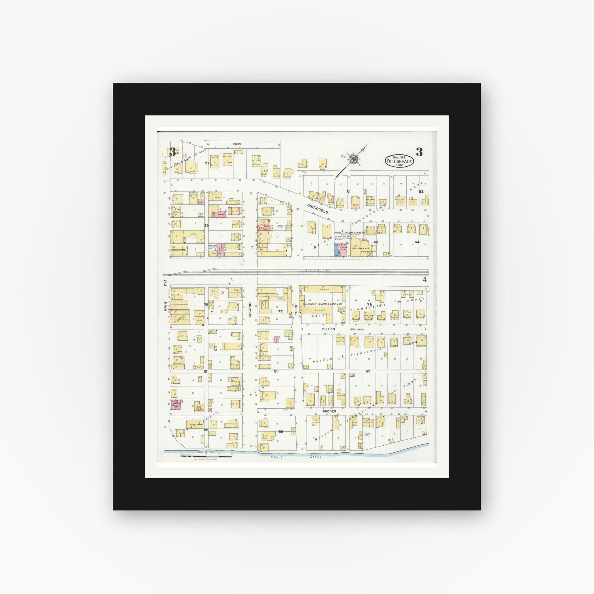 Old map wall art mockup — black gallery frame with white mat — Sanborn Fire Insurance Map from Dillonvale, Jefferson County, Ohio (1924), Sheet #0003