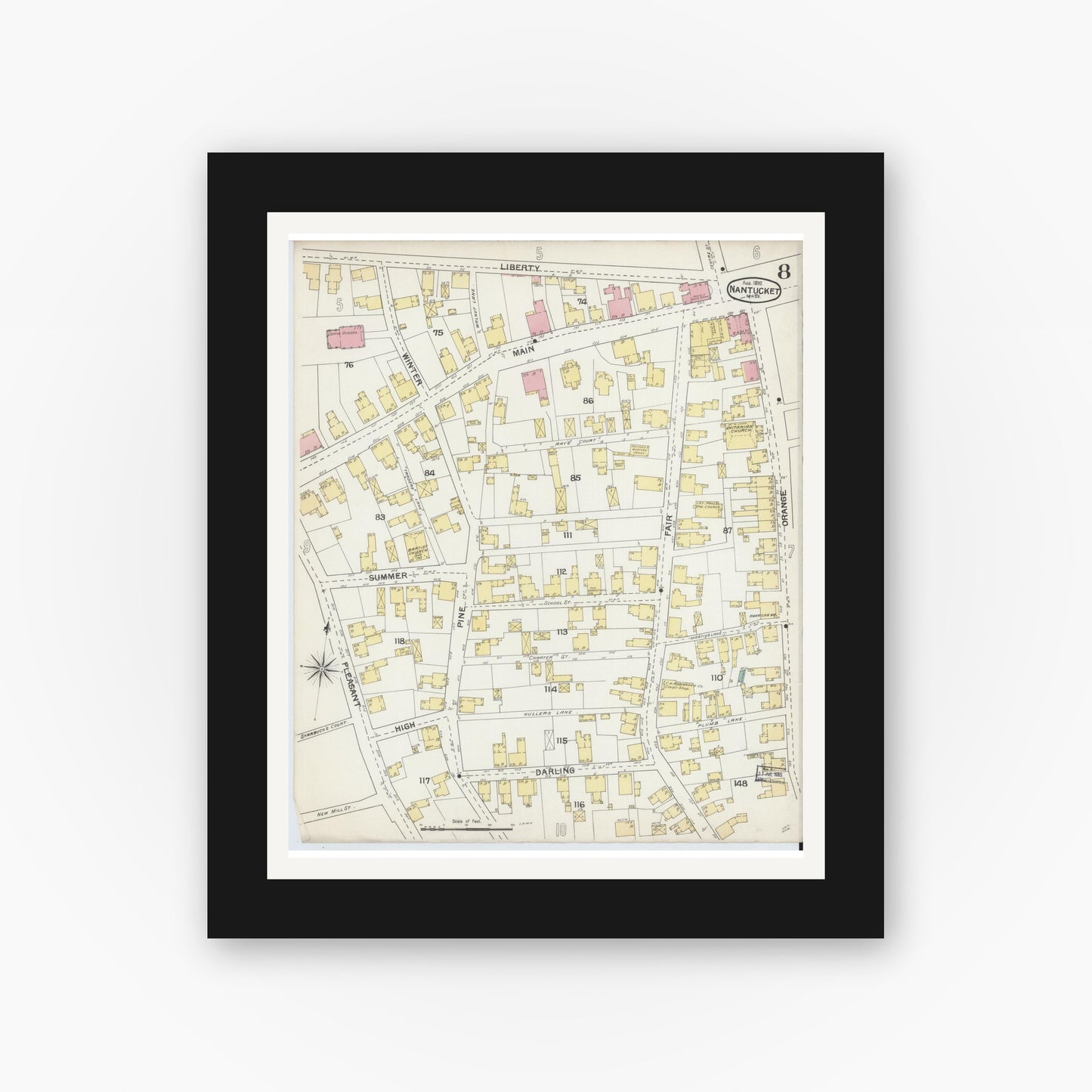 Old map wall art mockup — black gallery frame with white mat — Sanborn Fire Insurance Map from Nantucket, Nantucket County, Massachusetts (1892), Sheet #0008