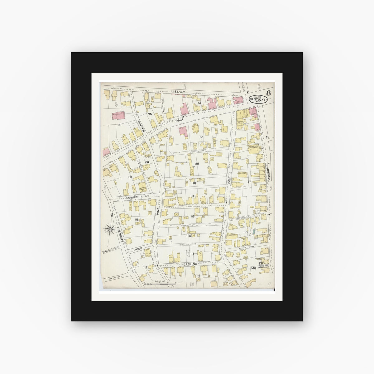 Old map wall art mockup — black gallery frame with white mat — Sanborn Fire Insurance Map from Nantucket, Nantucket County, Massachusetts (1892), Sheet #0008