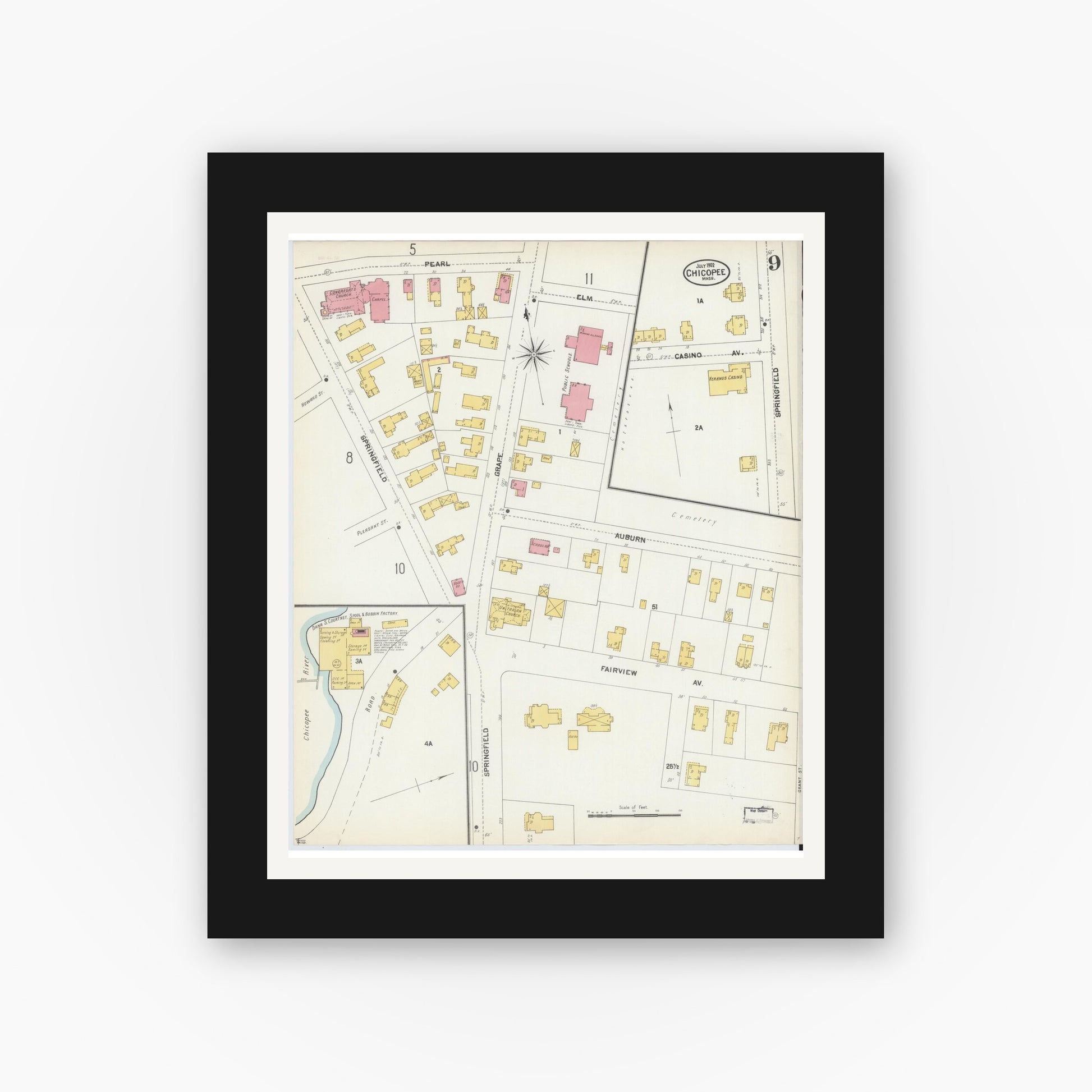 Old map wall art mockup — black gallery frame with white mat — Sanborn Fire Insurance Map from Chicopee, Hampden County, Massachusetts (1902), Sheet #0009