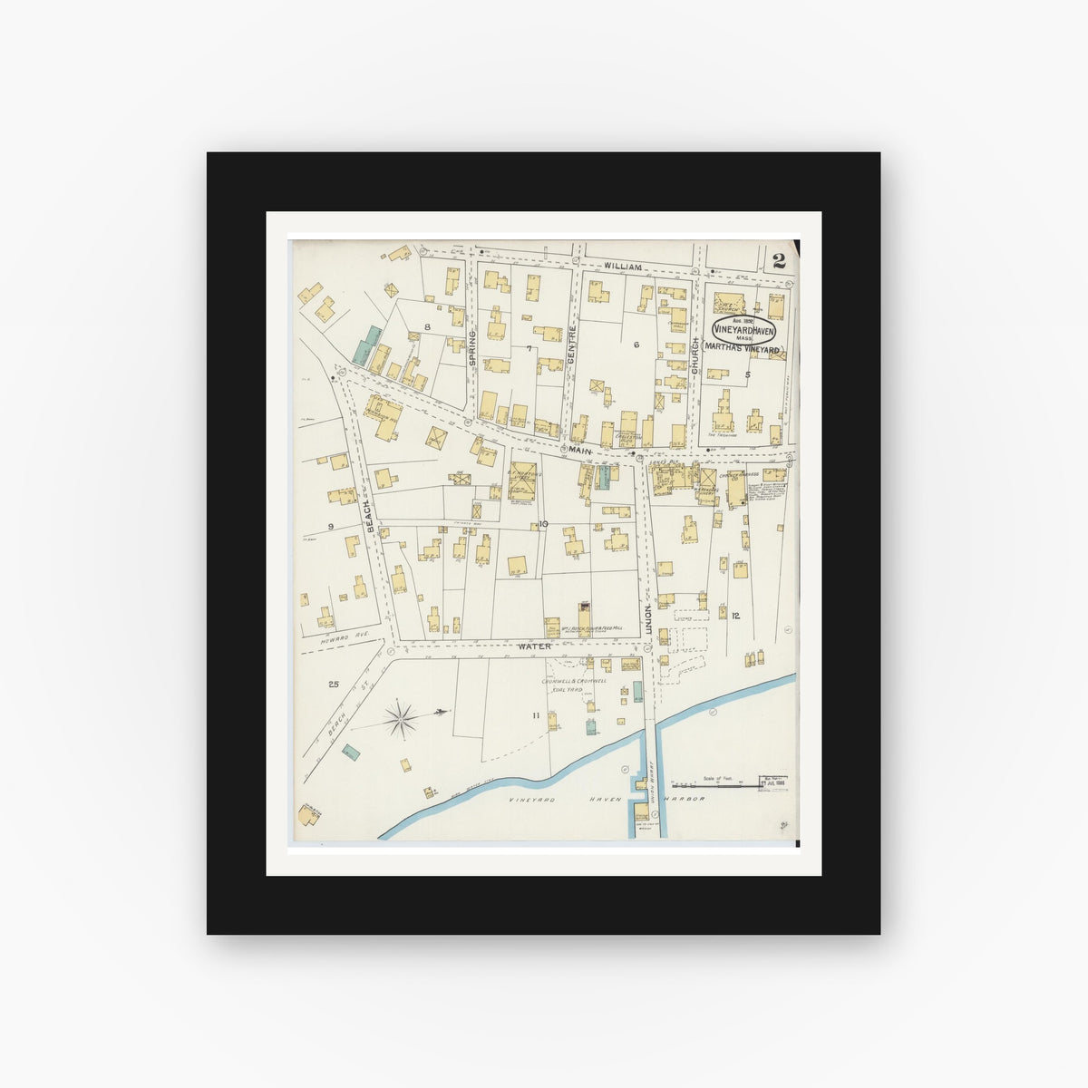 Old map wall art mockup — black gallery frame with white mat — Sanborn Fire Insurance Map from Vineyard Haven, Dukes County, Massachusetts (1892), Sheet #0002