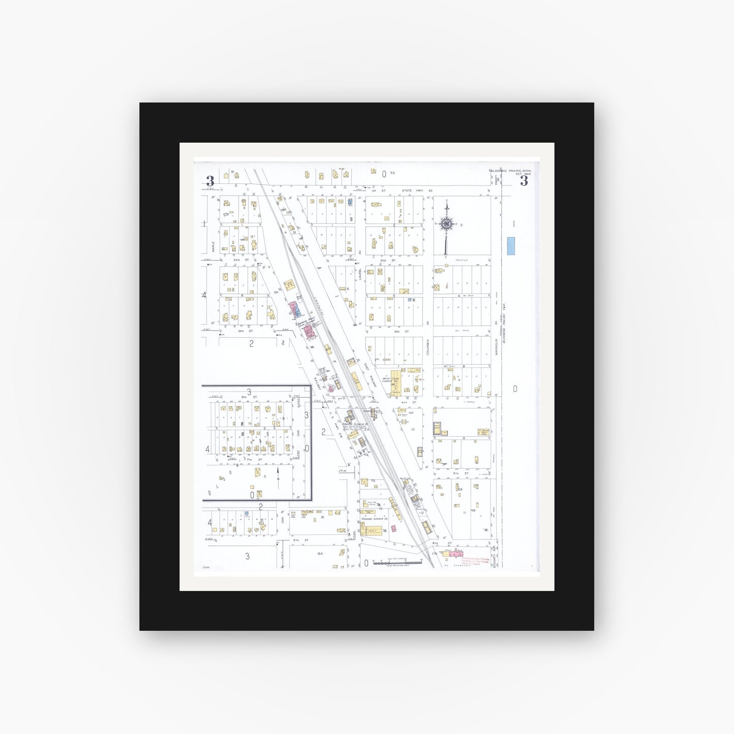 Old map wall art mockup — black gallery frame with white mat — Sanborn Fire Insurance Map from Blooming Prairie, Steele County, Minnesota (1948), Sheet #0003