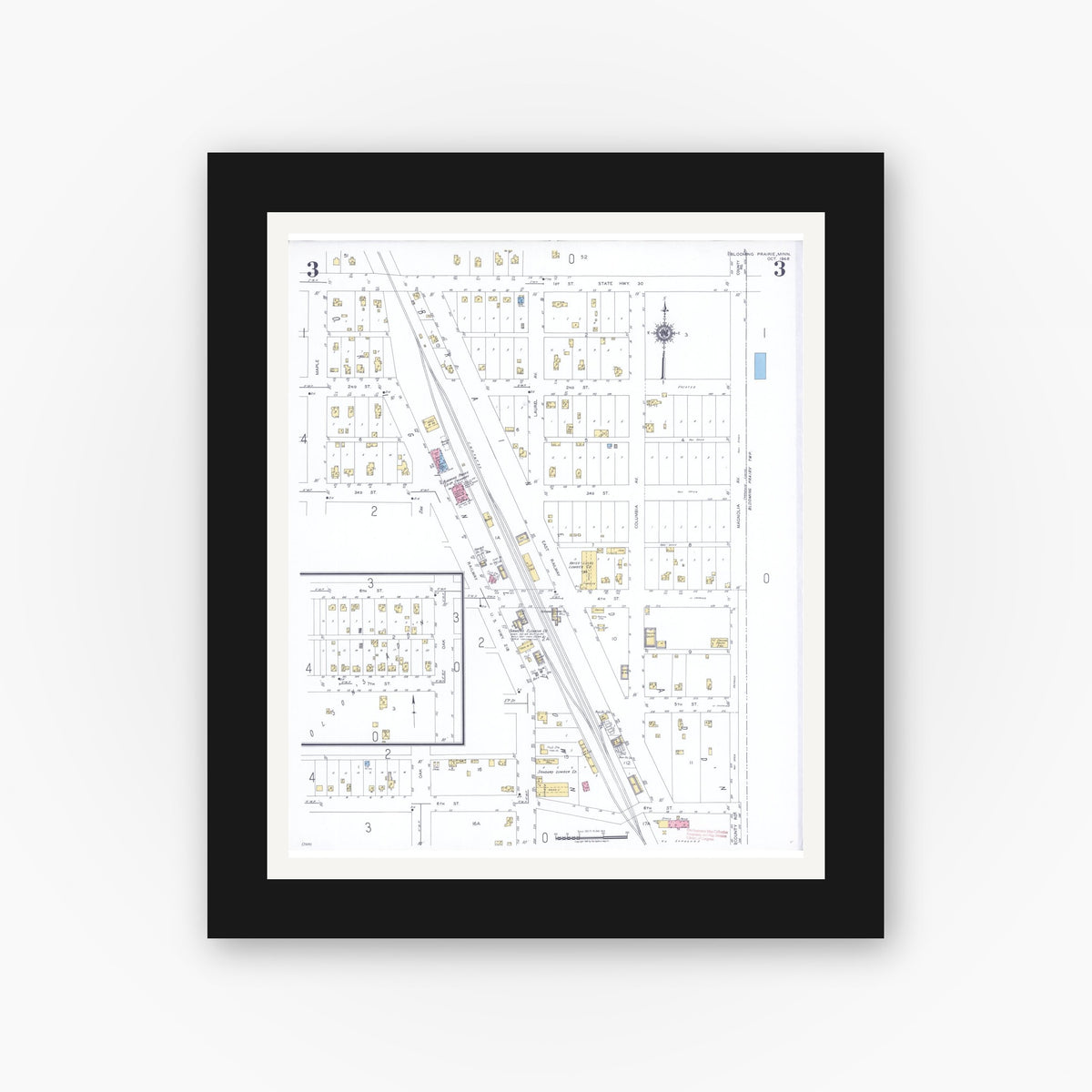 Old map wall art mockup — black gallery frame with white mat — Sanborn Fire Insurance Map from Blooming Prairie, Steele County, Minnesota (1948), Sheet #0003