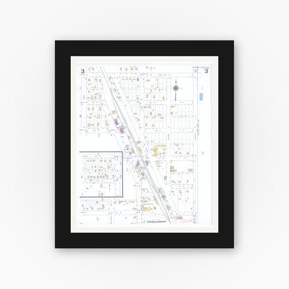 Old map wall art mockup — black gallery frame with white mat — Sanborn Fire Insurance Map from Blooming Prairie, Steele County, Minnesota (1948), Sheet #0003