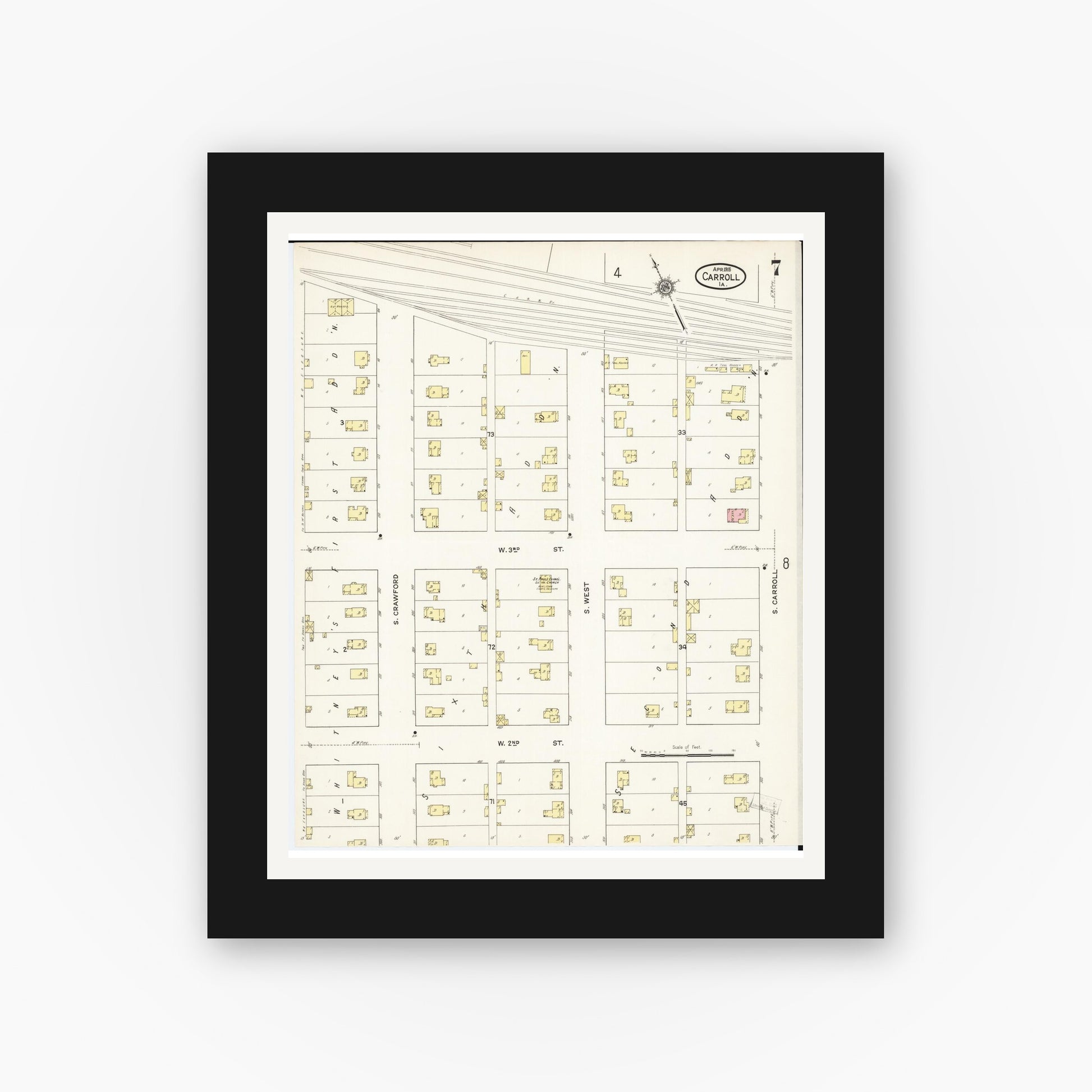 Old map wall art mockup — black gallery frame with white mat — Sanborn Fire Insurance Map from Carroll, Carroll County, Iowa (1915), Sheet #0007