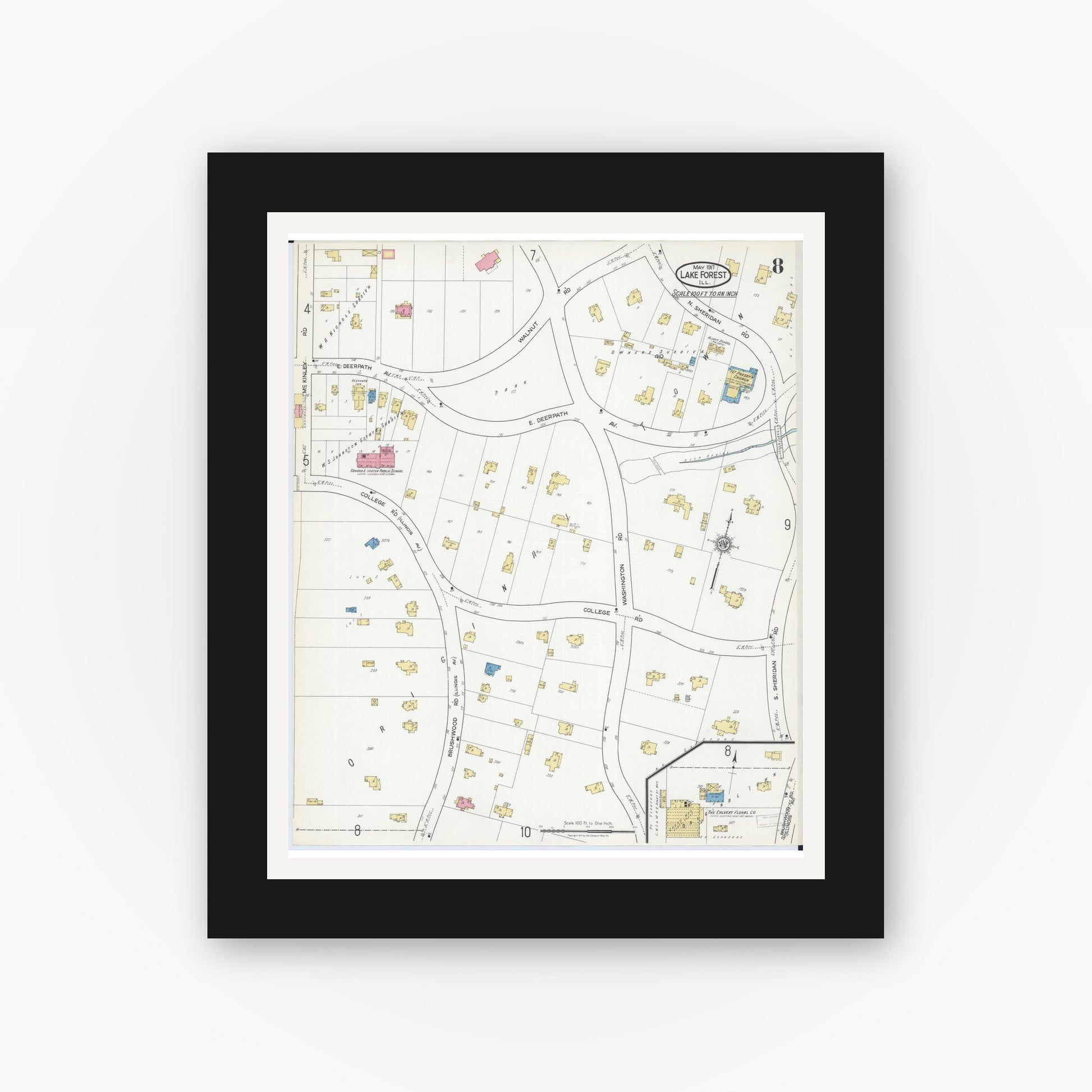 Old map wall art mockup — black gallery frame with white mat — Sanborn Fire Insurance Map from Lake Forest, Lake County, Illinois (1917), Sheet #0008