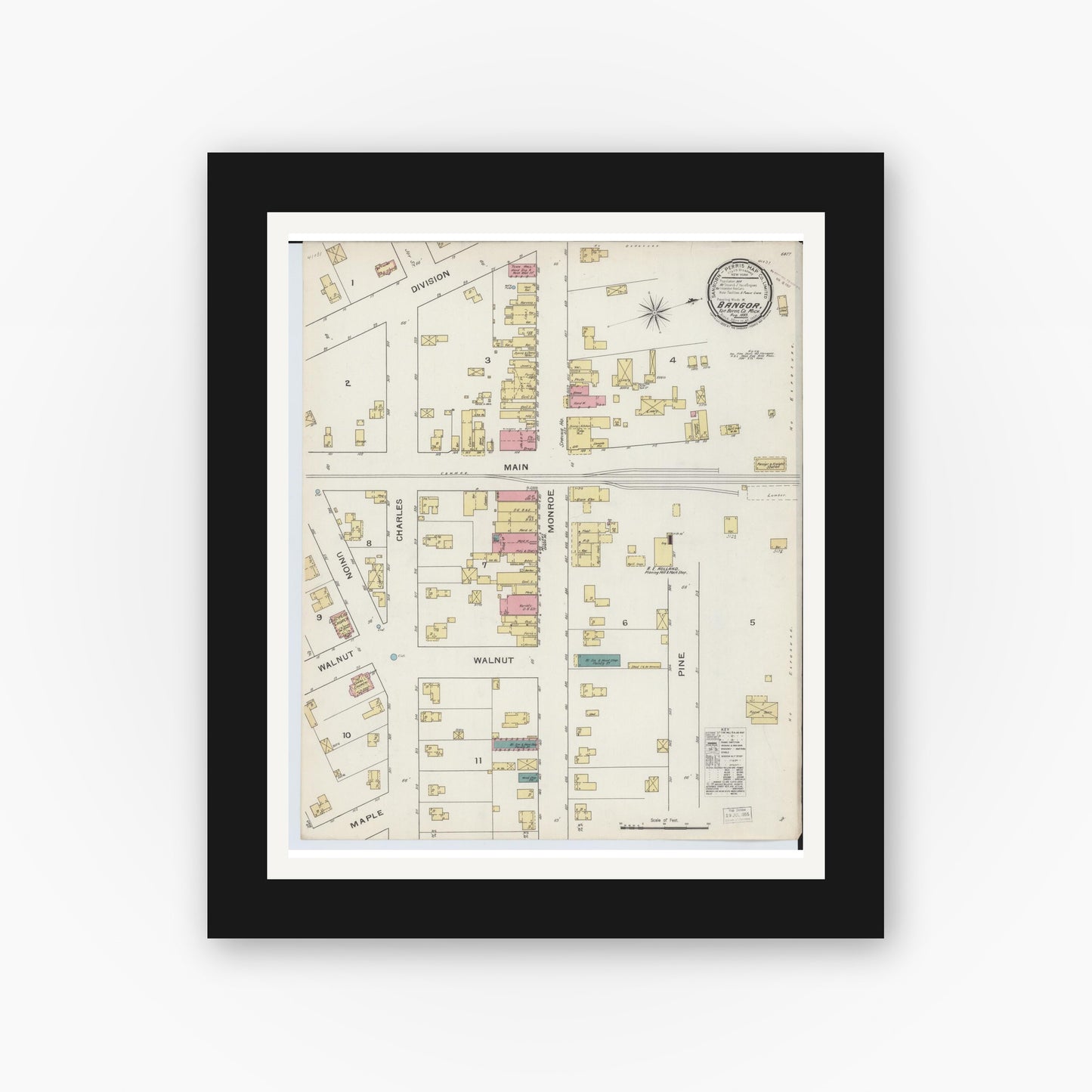 Old map wall art mockup — black gallery frame with white mat — Sanborn Fire Insurance Map from Bangor, Van Buren County, Michigan (1893), Sheet #0001