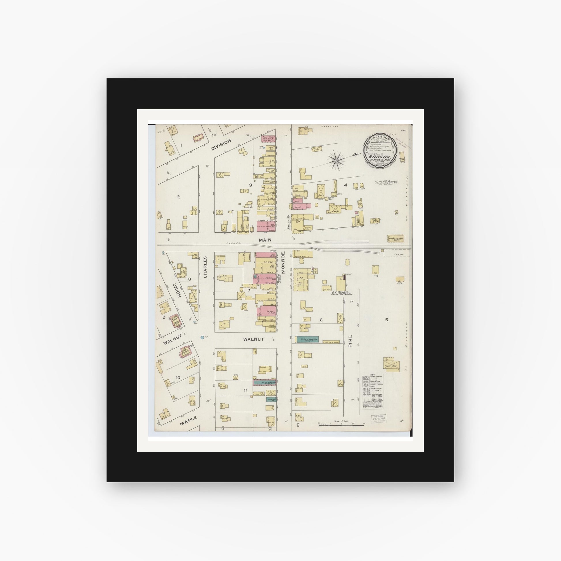 Old map wall art mockup — black gallery frame with white mat — Sanborn Fire Insurance Map from Bangor, Van Buren County, Michigan (1893), Sheet #0001