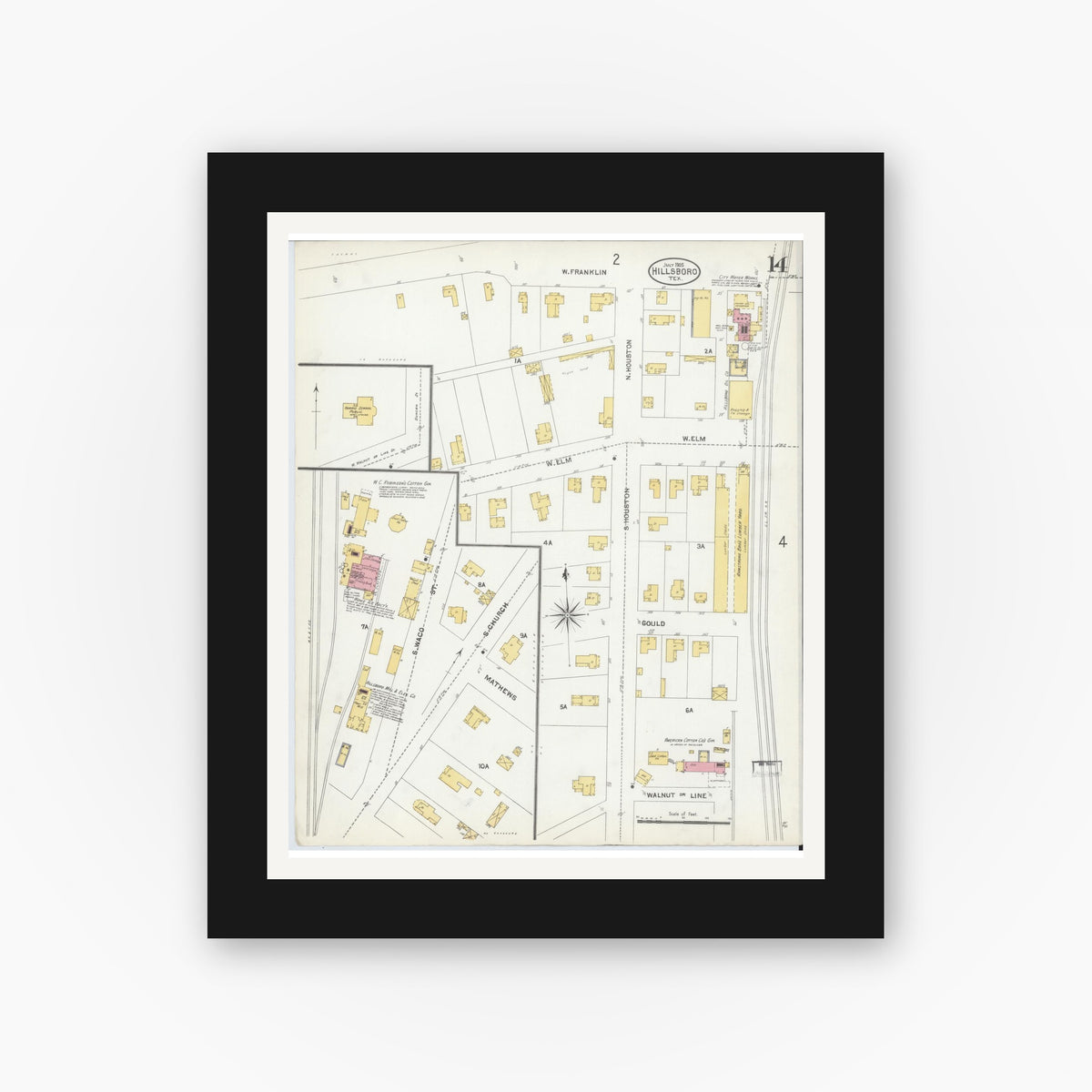 Old map wall art mockup — black gallery frame with white mat — Sanborn Fire Insurance Map from Hillsboro, Hill County, Texas (1905), Sheet #0014