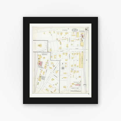 Old map wall art mockup — black gallery frame with white mat — Sanborn Fire Insurance Map from Hillsboro, Hill County, Texas (1905), Sheet #0014
