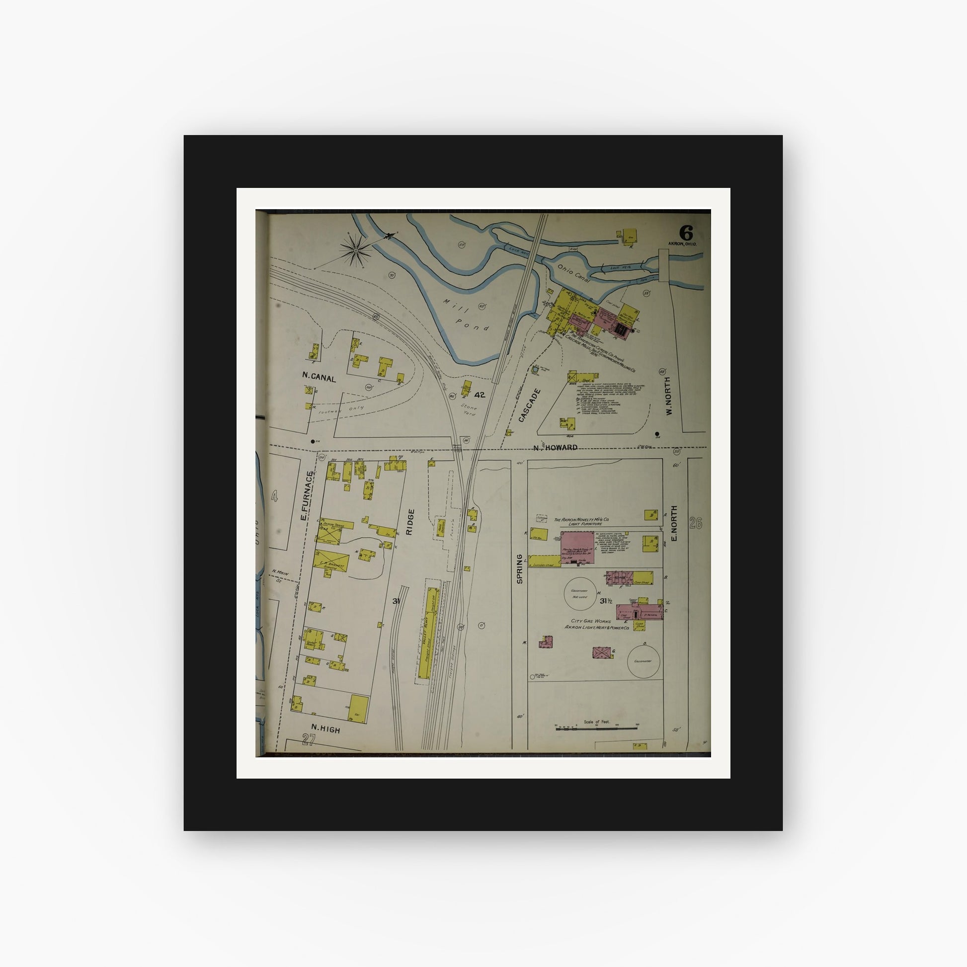 Old map wall art mockup — black gallery frame with white mat — Sanborn Fire Insurance Map from Akron, Summit County, Ohio (1892), Sheet #0006