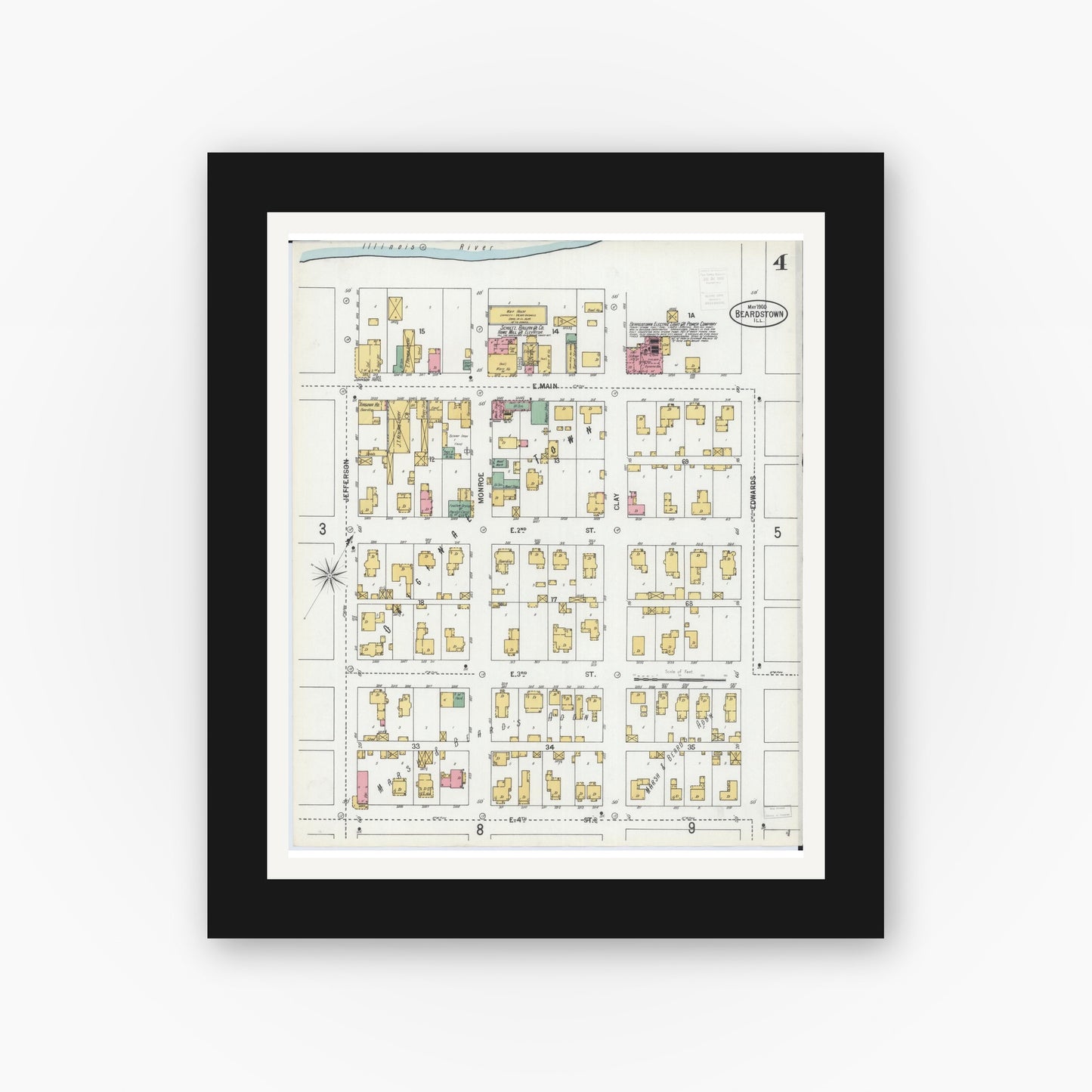 Old map wall art mockup — black gallery frame with white mat — Sanborn Fire Insurance Map from Beardstown, Cass County, Illinois (1900), Sheet #0004