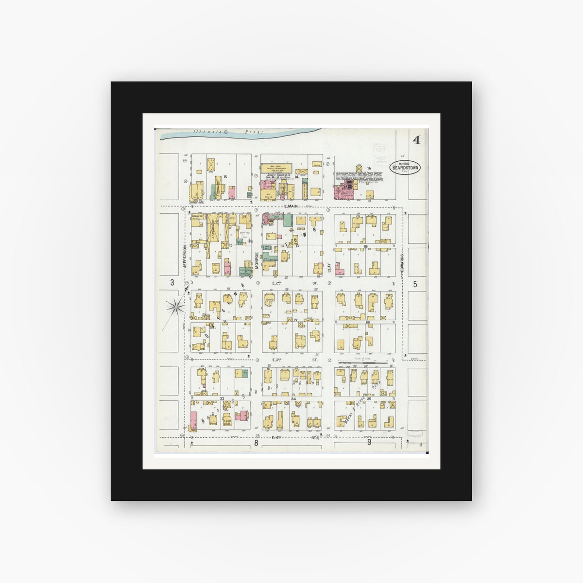 Old map wall art mockup — black gallery frame with white mat — Sanborn Fire Insurance Map from Beardstown, Cass County, Illinois (1900), Sheet #0004