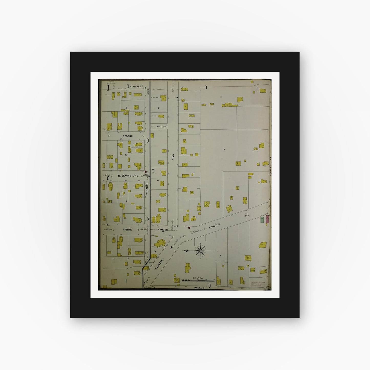 Old map wall art mockup — black gallery frame with white mat — Sanborn Fire Insurance Map from Jackson, Jackson County, Michigan (1907) - Complete Map Set