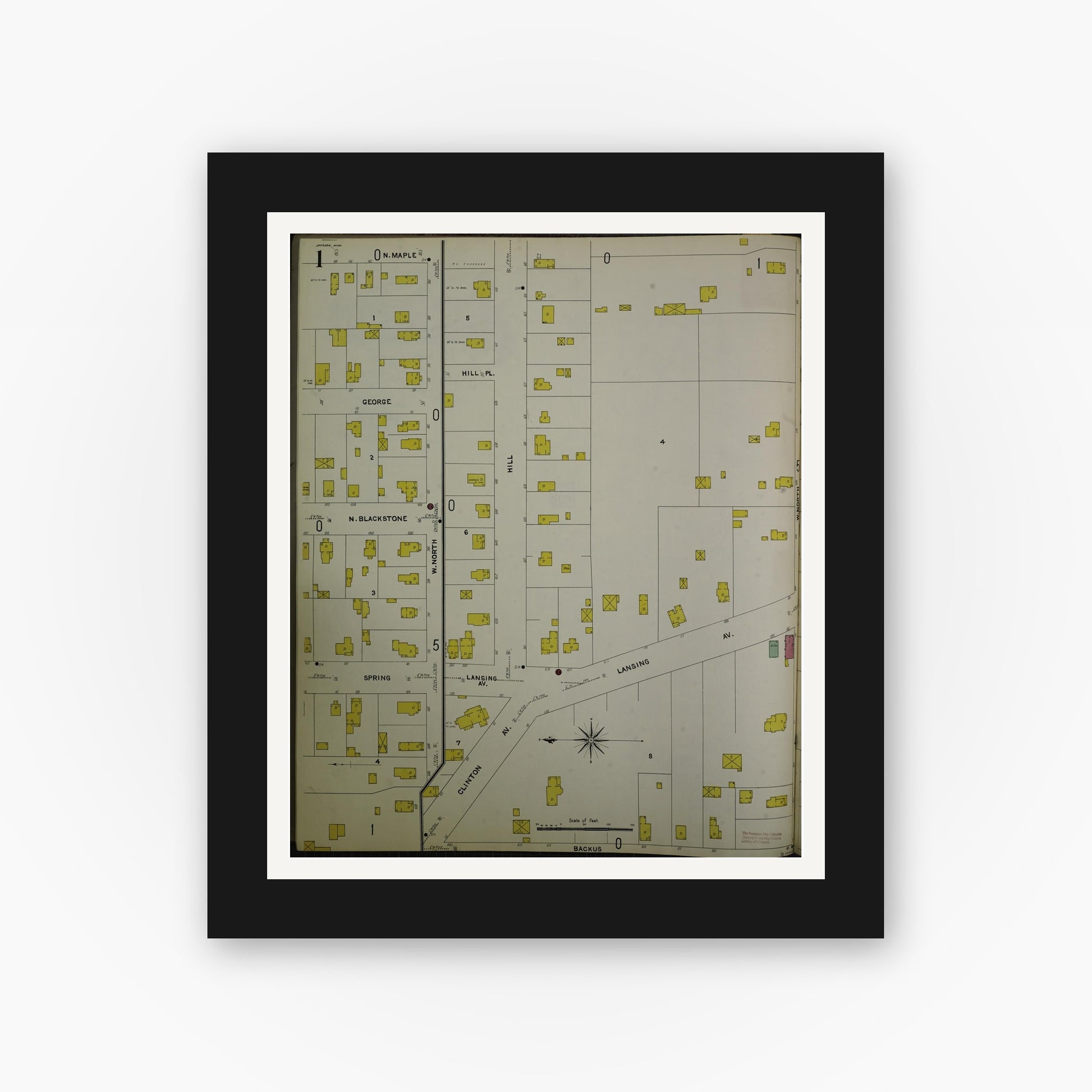 Old map wall art mockup — black gallery frame with white mat — Sanborn Fire Insurance Map from Jackson, Jackson County, Michigan (1907) - Complete Map Set