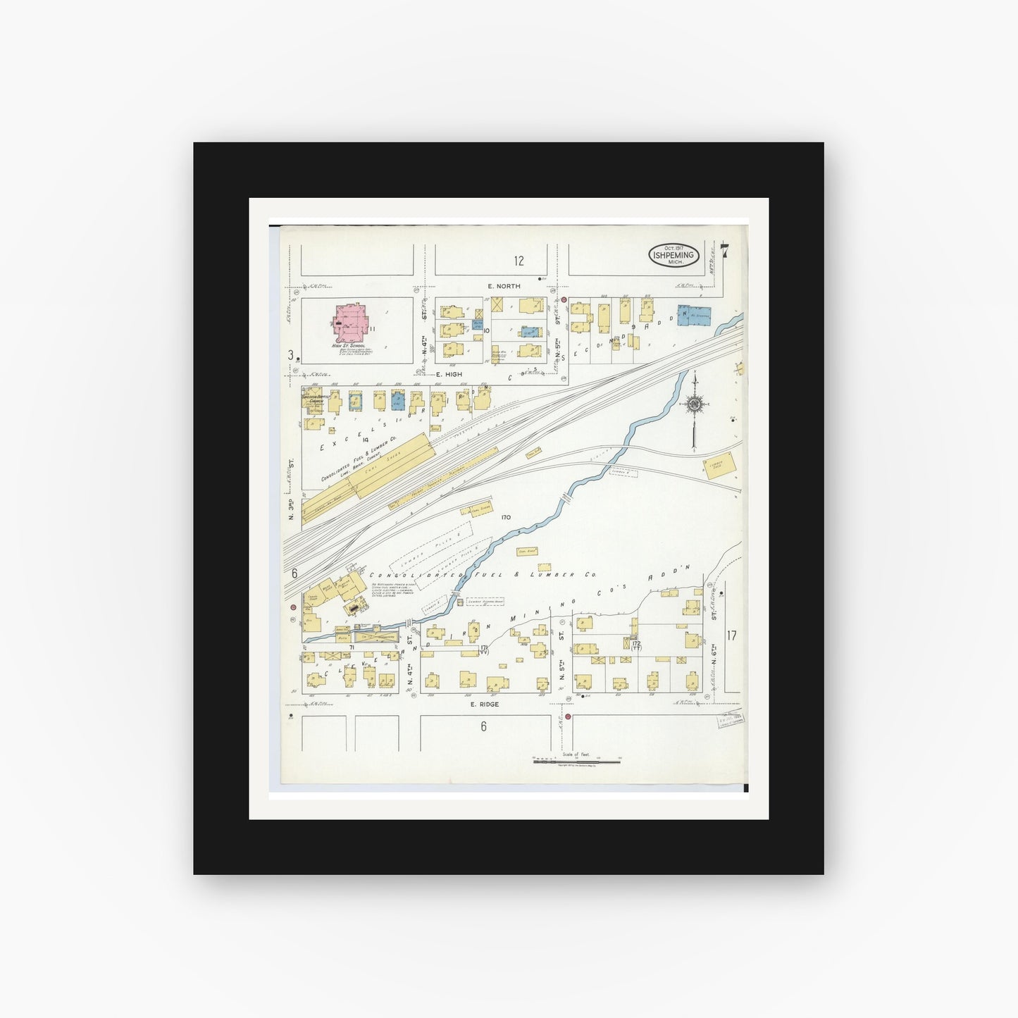 Old map wall art mockup — black gallery frame with white mat — Sanborn Fire Insurance Map from Ishpeming, Marquette County, Michigan (1917), Sheet #0007