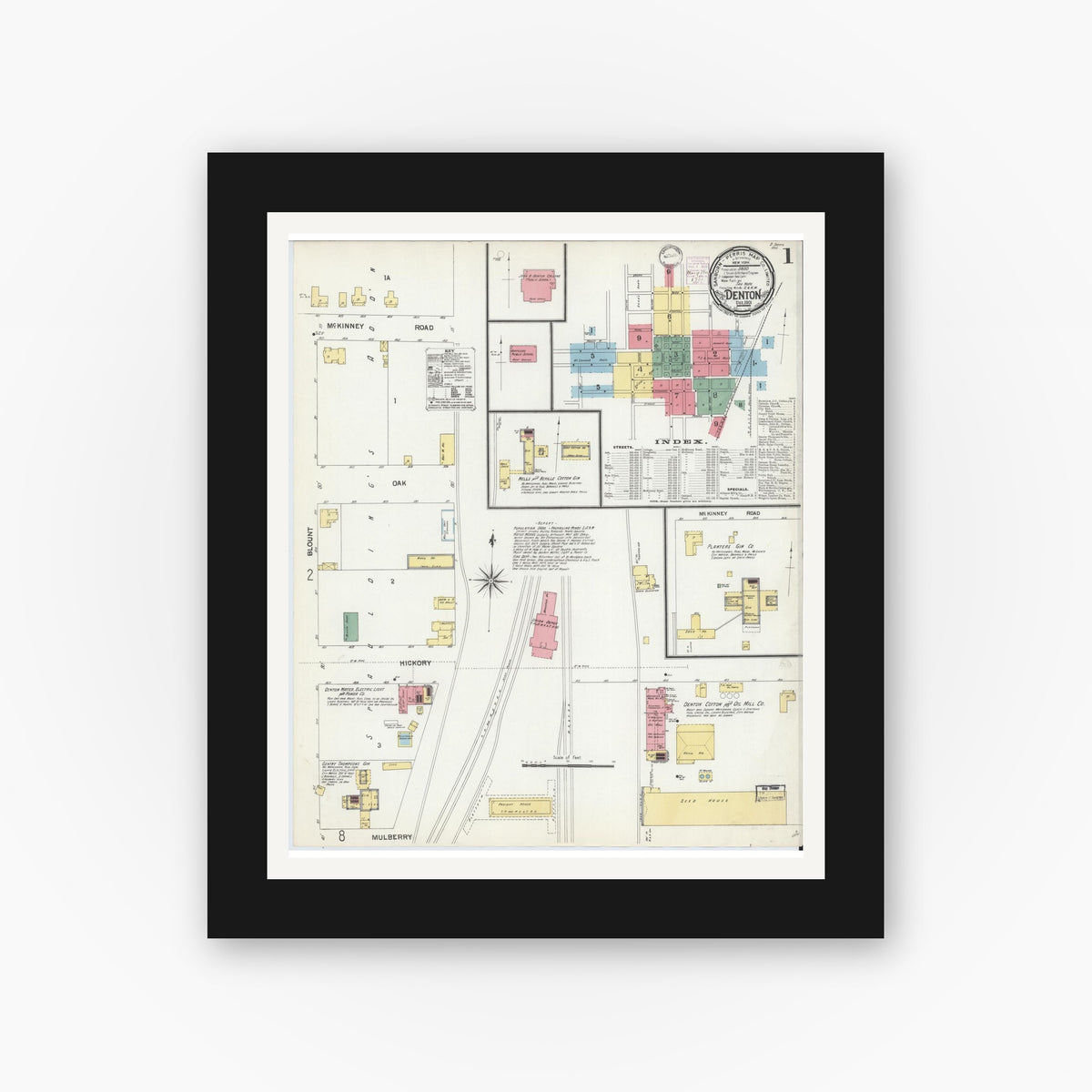Old map wall art mockup — black gallery frame with white mat — Sanborn Fire Insurance Map from Denton, Denton County, Texas (1901), Sheet #0001