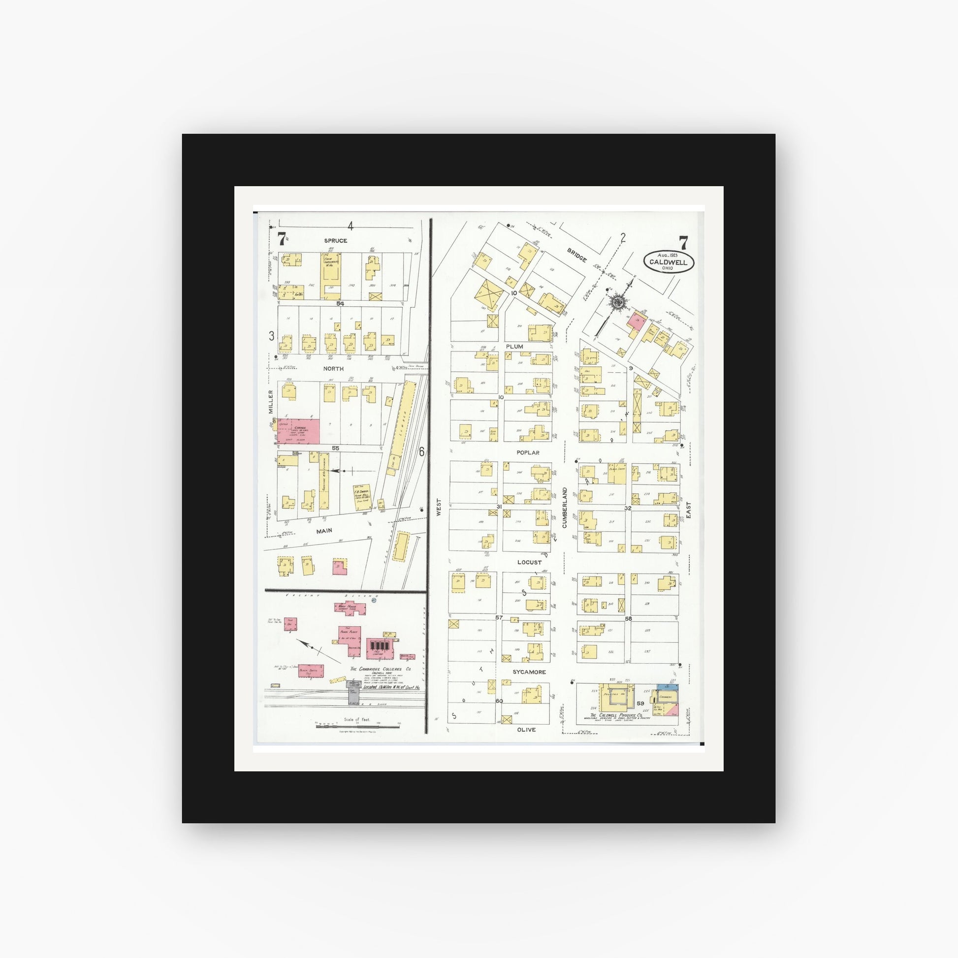 Old map wall art mockup — black gallery frame with white mat — Sanborn Fire Insurance Map from Caldwell, Noble County, Ohio (1923), Sheet #0007