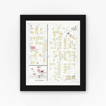 Old map wall art mockup — black gallery frame with white mat — Sanborn Fire Insurance Map from Caldwell, Noble County, Ohio (1923), Sheet #0007