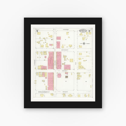 Old map wall art mockup — black gallery frame with white mat — Sanborn Fire Insurance Map from San Augustine, San Augustine County, Texas (1927), Sheet #0002