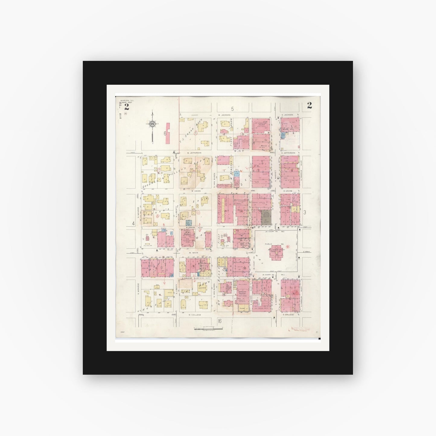 Old map wall art mockup — black gallery frame with white mat — Sanborn Fire Insurance Map from Marion, Williamson County, Illinois (1946), Sheet #0002