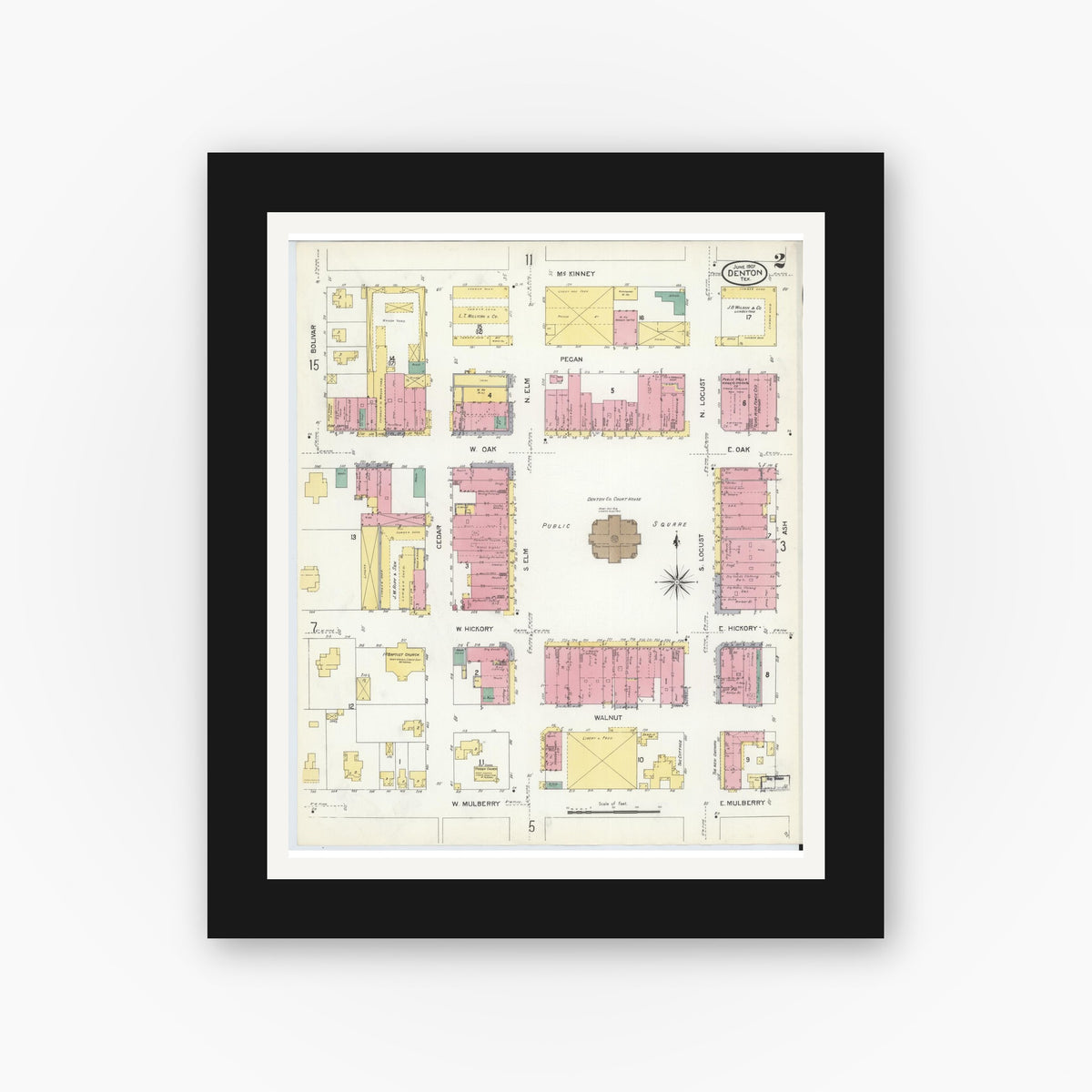 Old map wall art mockup — black gallery frame with white mat — Sanborn Fire Insurance Map from Denton, Denton County, Texas (1907), Sheet #0002