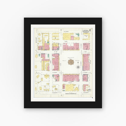 Old map wall art mockup — black gallery frame with white mat — Sanborn Fire Insurance Map from Denton, Denton County, Texas (1907), Sheet #0002