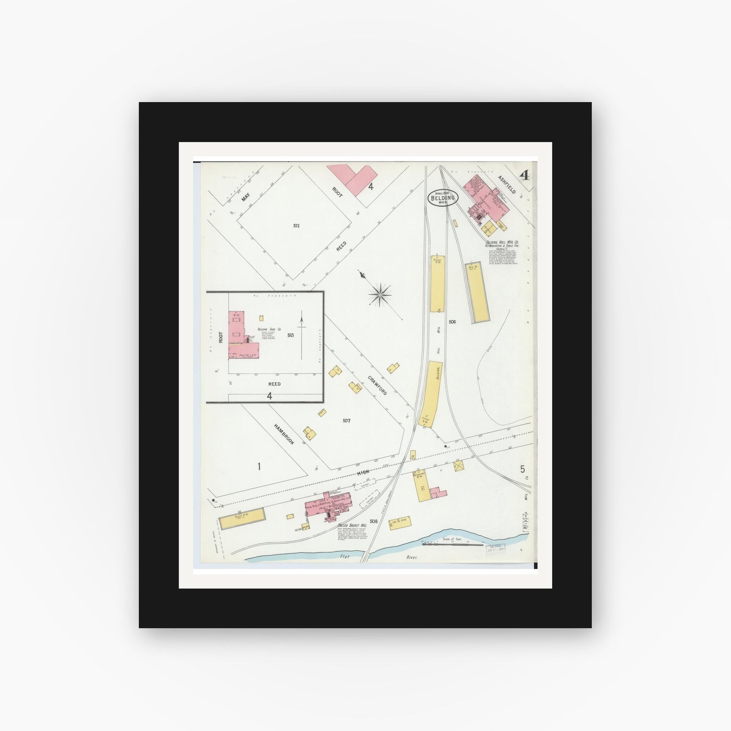 Old map wall art mockup — black gallery frame with white mat — Sanborn Fire Insurance Map from Belding, Ionia County, Michigan (1900), Sheet #0004