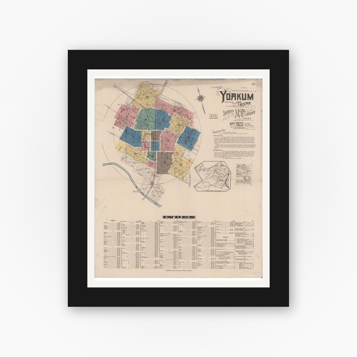 Old map wall art mockup — black gallery frame with white mat — Sanborn Fire Insurance Map from Yoakum, De Witt And Lavaca Counties, Texas (1922), Sheet #0001