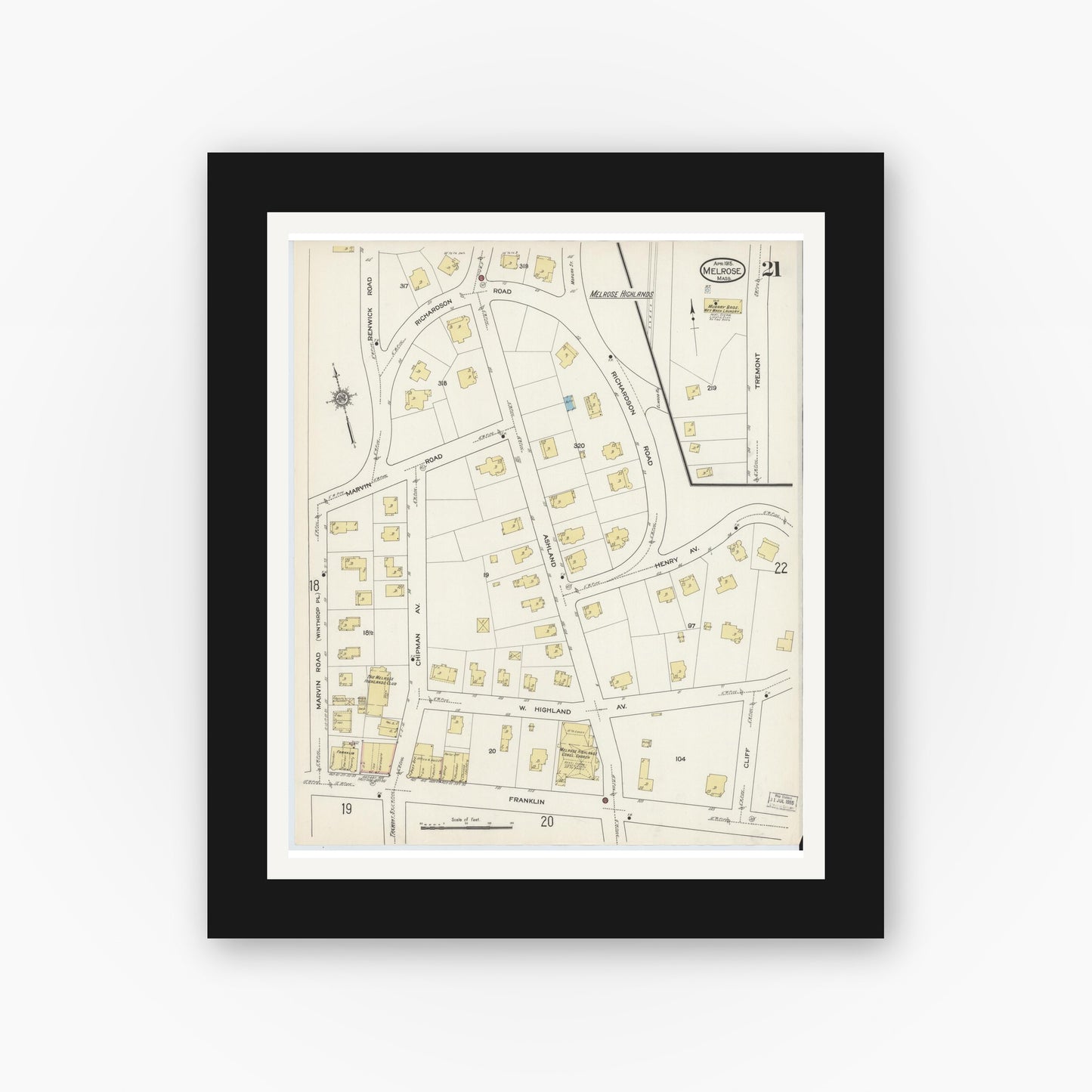 Old map wall art mockup — black gallery frame with white mat — Sanborn Fire Insurance Map from Melrose, Middlesex County, Massachusetts (1915), Sheet #0021