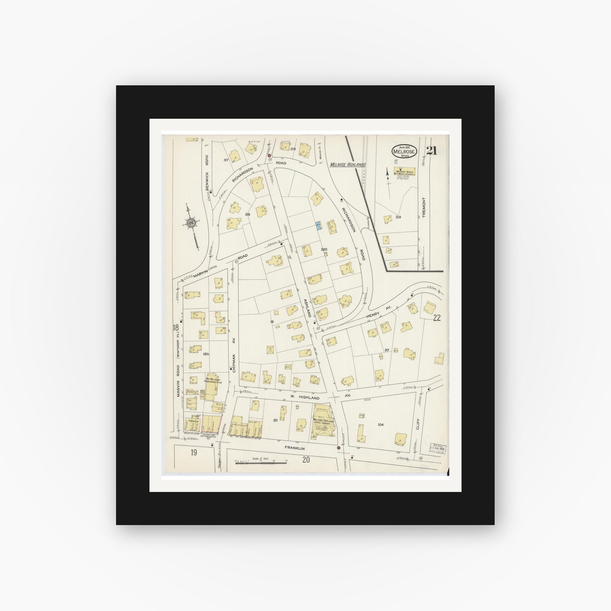 Old map wall art mockup — black gallery frame with white mat — Sanborn Fire Insurance Map from Melrose, Middlesex County, Massachusetts (1915), Sheet #0021