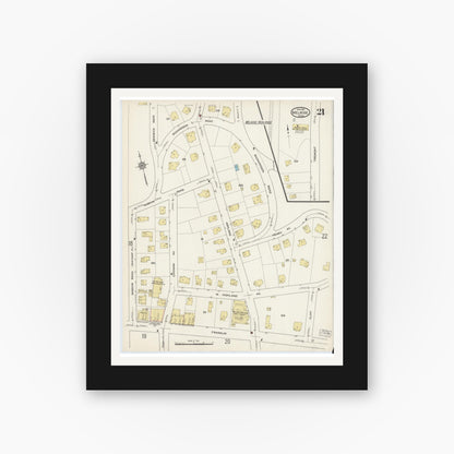 Old map wall art mockup — black gallery frame with white mat — Sanborn Fire Insurance Map from Melrose, Middlesex County, Massachusetts (1915), Sheet #0021