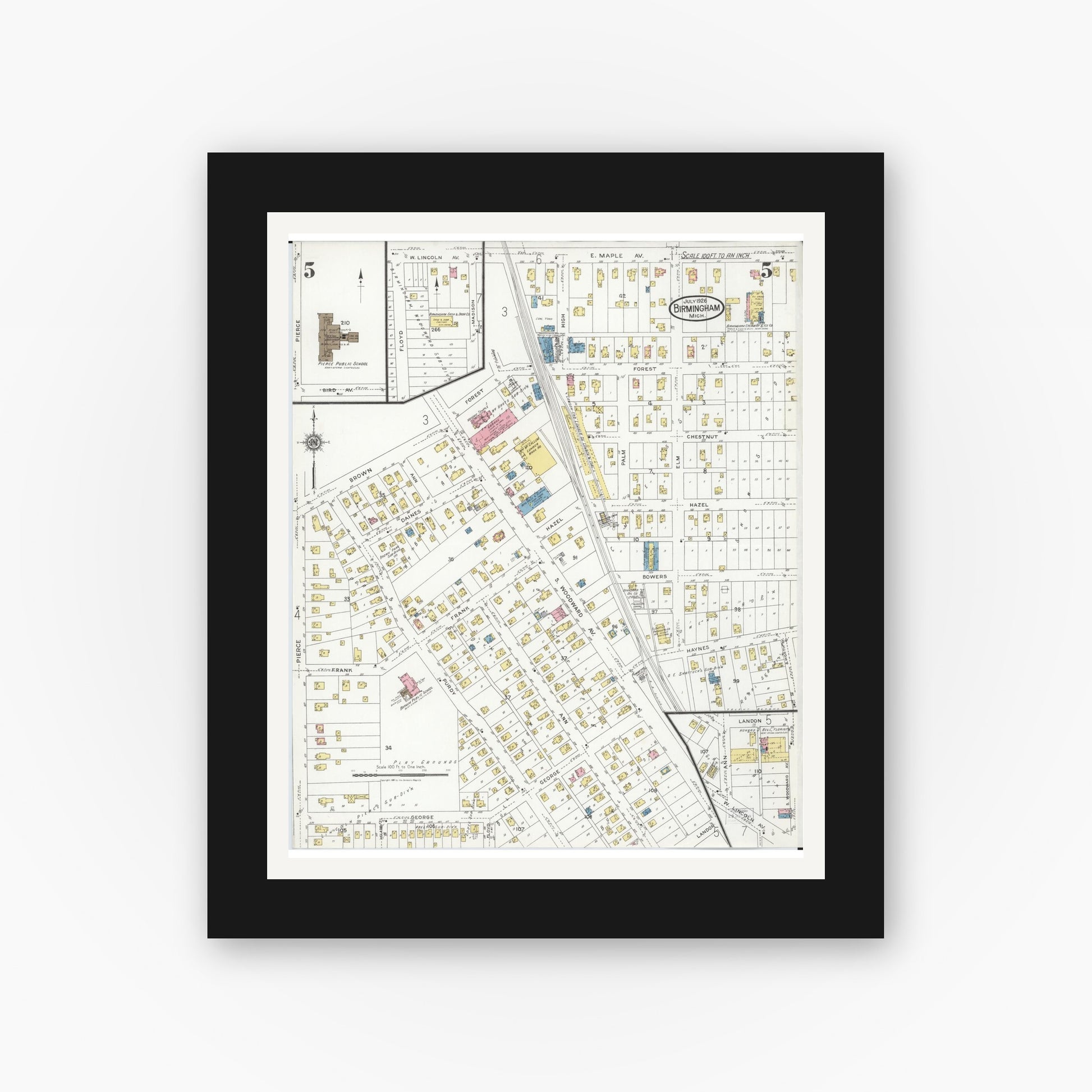 Old map wall art mockup — black gallery frame with white mat — Sanborn Fire Insurance Map from Birmingham, Oakland County, Michigan (1926), Sheet #0005