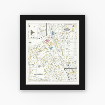 Old map wall art mockup — black gallery frame with white mat — Sanborn Fire Insurance Map from Birmingham, Oakland County, Michigan (1926), Sheet #0005