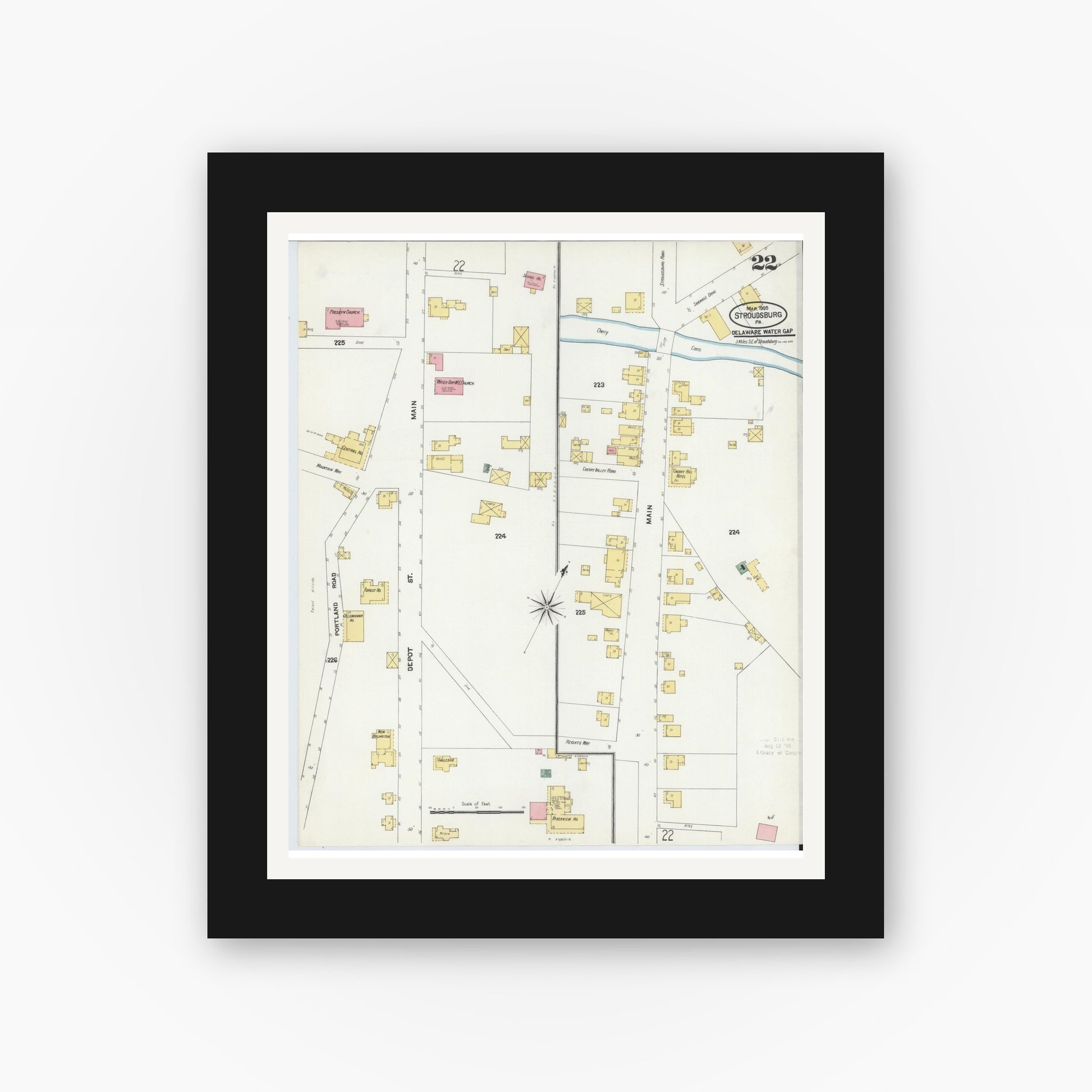 Old map wall art mockup — black gallery frame with white mat — Sanborn Fire Insurance Map from Stroudsburg, Monroe County, Pennsylvania (1905), Sheet #0022