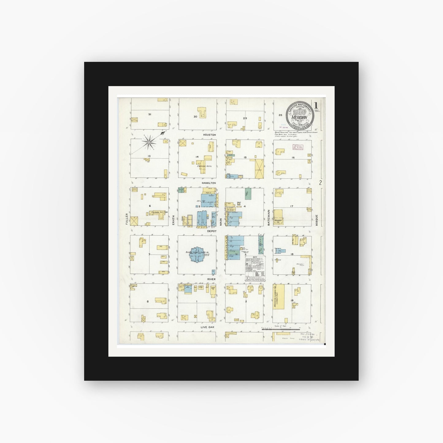 Old map wall art mockup — black gallery frame with white mat — Sanborn Fire Insurance Map from Meridian, Bosque County, Texas (1909), Sheet #0001